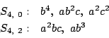 \begin{displaymath}
\begin{array}{ll}
S_{4,\ 0}:&b^4,\ ab^2c,\ a^2c^2\\
S_{4,\ 2}:&a^2bc,\ ab^3
\end{array}\end{displaymath}