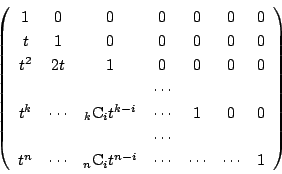 \begin{displaymath}
\left(
\begin{array}{ccccccc}
1&0&0&0&0&0&0\\
t&1&0&0&0&...
...\mathrm{C}_it^{n-i}&\cdots&\cdots&\cdots&1
\end{array}\right)
\end{displaymath}