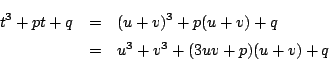 \begin{eqnarray*}
t^3+pt+q&=&(u+v)^3+p(u+v)+q\\
&=&u^3+v^3+(3uv+p)(u+v)+q
\end{eqnarray*}
