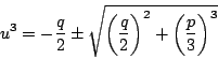 \begin{displaymath}
u^3=-\dfrac{q}{2}\pm\sqrt{ \left(\dfrac{q}{2} \right)^2+\left(\dfrac{p}{3}\right)^3}
\end{displaymath}