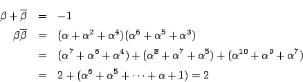 \begin{eqnarray*}
\beta+\overline{\beta}&=&-1\\
\beta \overline{\beta}&=&(\al...
...lpha^9+\alpha^7)\\
&=&2+(\alpha^6+\alpha^5+\cdots+\alpha+1)=2
\end{eqnarray*}