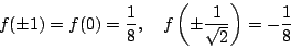 \begin{displaymath}
f(\pm 1)=f(0)=\dfrac{1}{8} ,\quad f\left(\pm\dfrac{1}{\sqrt{2}}\right)
=-\dfrac{1}{8}
\end{displaymath}
