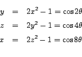 \begin{eqnarray*}
y&=&2x^2-1=\cos 2\theta\\
z&=&2y^2-1=\cos 4\theta\\
x&=&2z^2-1=\cos 8\theta\\
\end{eqnarray*}