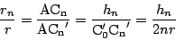 \begin{displaymath}
\dfrac{r_n}{r}
=\dfrac{\mathrm{AC_n}}{\mathrm{AC_n}'}
=\dfrac{h_n}{\mathrm{C_0'C_n}'}
=\dfrac{h_n}{2nr}
\end{displaymath}