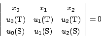 \begin{displaymath}
\left\vert
\begin{array}{ccc}
x_0&x_1&x_2\\
u_0(\mathrm{...
...{S})&u_1(\mathrm{S})&u_2(\mathrm{S})
\end{array}\right\vert=0
\end{displaymath}