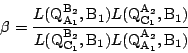 \begin{displaymath}
\beta=
\dfrac{
L(\mathrm{Q}_{\mathrm{A}_1}^{\mathrm{B}_2},\m...
..._1)
L(\mathrm{Q}_{\mathrm{A}_1}^{\mathrm{A}_2},\mathrm{B}_1)
}
\end{displaymath}