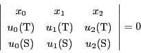 \begin{displaymath}
\left\vert
\begin{array}{ccc}
x_0&x_1&x_2\\
u_0(\mat...
...&u_1(\mathrm{S})&u_2(\mathrm{S})
\end{array}
\right\vert=0
\end{displaymath}