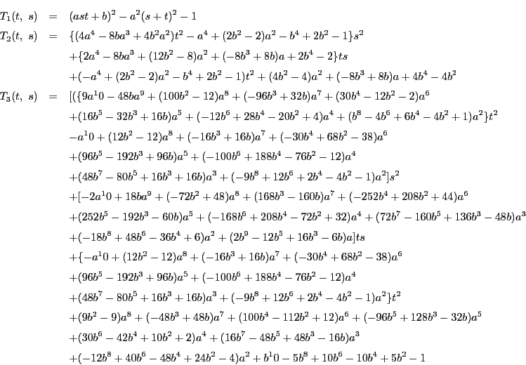 \begin{eqnarray*}
T_1(t,\ s)&=&(ast+b)^2-a^2(s+t)^2-1\\
T_2(t,\ s)&=&\{(4a^4-...
...&&+(-12b^8+40b^6-48b^4+24b^2-4)a^2+b^10-5b^8+10b^6-10b^4+5b^2-1
\end{eqnarray*}