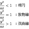 \begin{displaymath}
\begin{array}{ll}
\dfrac{y^2}{ax}<1&Fȉ~\\
\dfrac{y^2}{ax}=1&F\\
\dfrac{y^2}{ax}>1&FoȐ\\
\end{array}\end{displaymath}