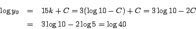 \begin{eqnarray*}
\log y_0&=&15k+C=3(\log 10-C)+C=3\log 10 -2C\\
&=&3\log 10 -2\log 5=\log 40
\end{eqnarray*}