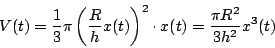 \begin{displaymath}
V(t)=\dfrac{1}{3}\pi\left(\dfrac{R}{h}x(t) \right)^2\cdot x(t)=\dfrac{\pi R^2}{3h^2}x^3(t)
\end{displaymath}
