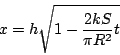 \begin{displaymath}
x=h\sqrt{1- \dfrac{2kS}{\pi R^2}t}
\end{displaymath}