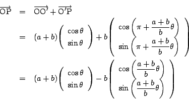 \begin{eqnarray*}
\overrightarrow{\mathrm{OP}}
&=&\overrightarrow{\mathrm{OO'}}+...
...{a+b}{b}\theta \right)}
{\sin\left(\dfrac{a+b}{b}\theta \right)}
\end{eqnarray*}