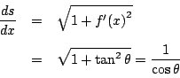 \begin{eqnarray*}
\dfrac{ds}{dx}&=&\sqrt{1+{f'(x)}^2}\\
&=&\sqrt{1+\tan^2 \theta}
=\dfrac{1}{\cos \theta}
\end{eqnarray*}