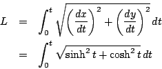 \begin{eqnarray*}
L&=&\int_0^t\sqrt{\left(\dfrac{dx}{dt} \right)^2+\left(\dfrac{dy}{dt} \right)^2}\,dt\\
&=&\int_0^t\sqrt{\sinh^2t+\cosh^2 t}\,dt
\end{eqnarray*}