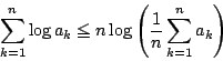 \begin{displaymath}
\sum_{k=1}^n\log a_k \le n\log \left(\dfrac{1}{n} \sum_{k=1}^na_k \right)
\end{displaymath}