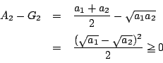\begin{eqnarray*}
A_2-G_2&=&\dfrac{a_1+a_2}{2}-\sqrt{a_1a_2}\\
&=&\dfrac{(\sqrt{a_1}-\sqrt{a_2})^2}{2}\ge 0
\end{eqnarray*}