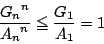 \begin{displaymath}
\dfrac{{G_n}^n}{{A_n}^n}\le\dfrac{G_1}{A_1}=1
\end{displaymath}