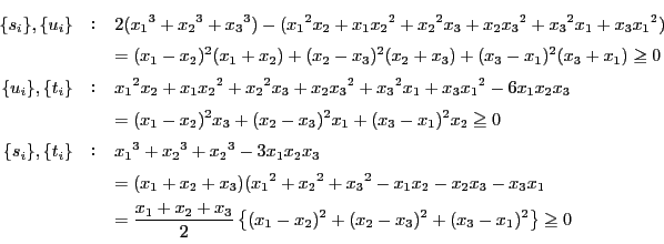 \begin{eqnarray*}
\{s_i\},\{u_i\}&F&
2({x_1}^3+{x_2}^3+{x_3}^3)
-({x_1}^2x_...
...x_3}{2}\left\{(x_1-x_2)^2+(x_2-x_3)^2+(x_3-x_1)^2 \right\}\ge 0
\end{eqnarray*}