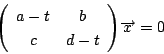 \begin{displaymath}
\matrix{a-t}{b}{c}{d-t}\overrightarrow{x}=0
\end{displaymath}