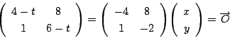 \begin{displaymath}
\matrix{4-t}{8}{1}{6-t}=\matrix{-4}{8}{1}{-2}\vecarray{x}{y}
=\overrightarrow{O}
\end{displaymath}