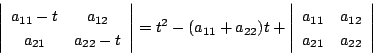 \begin{displaymath}
\left\vert
\begin{array}{cc}
a_{11}-t&a_{12}\\
a_{21}&a_...
...}{cc}
a_{11}&a_{12}\\
a_{21}&a_{22}
\end{array}\right\vert
\end{displaymath}