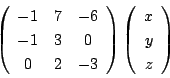 \begin{displaymath}
\left(
\begin{array}{ccc}
-1&7&-6\\
-1&3&0\\
0&2&-3
\...
...t)
\left(
\begin{array}{c}
x\\
y\\
z
\end{array}\right)
\end{displaymath}