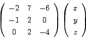 \begin{displaymath}
\left(
\begin{array}{ccc}
-2&7&-6\\
-1&2&0\\
0&2&-4
\...
...t)
\left(
\begin{array}{c}
x\\
y\\
z
\end{array}\right)
\end{displaymath}