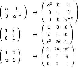 \begin{displaymath}
\begin{array}{ll}
\left(
\begin{array}{cc}
\alpha&0\\ 0&...
... 1&2u&u^2\\
0&1&u\\
0&0&1
\end{array} \right)
\end{array}\end{displaymath}