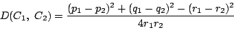 \begin{displaymath}
D(C_1,\ C_2)=\dfrac{(p_1-p_2)^2+(q_1-q_2)^2-(r_1-r_2)^2}{4r_1r_2}
\end{displaymath}